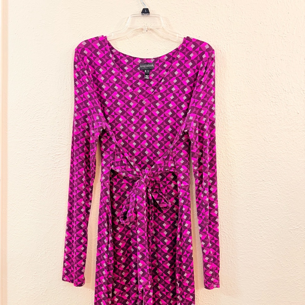 Long Tall Sally fushcia geo print belted midi dress - Picture 2 of 13